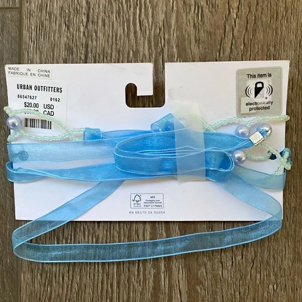 Urban Outfitters Aqua Blue Beaded Ribbon Choker Wrap Necklace - Picture 3 of 3